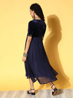 Women Navy Embroidered V-Neck Anarkali Dress