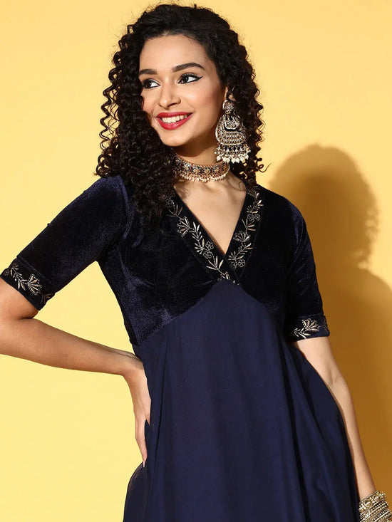 Women Navy Embroidered V-Neck Anarkali Dress