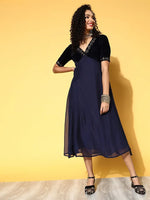 Women Navy Embroidered V-Neck Anarkali Dress