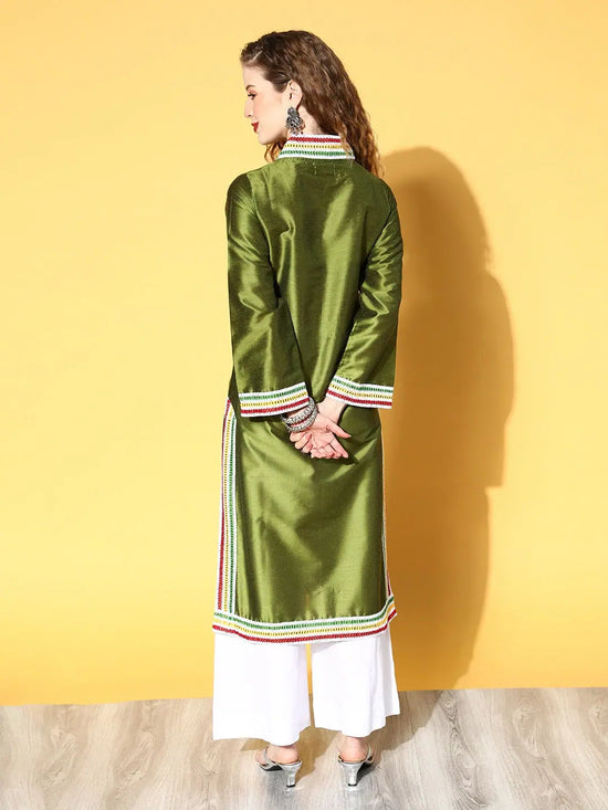 Women Olive Contrast Lace Detail Kurta