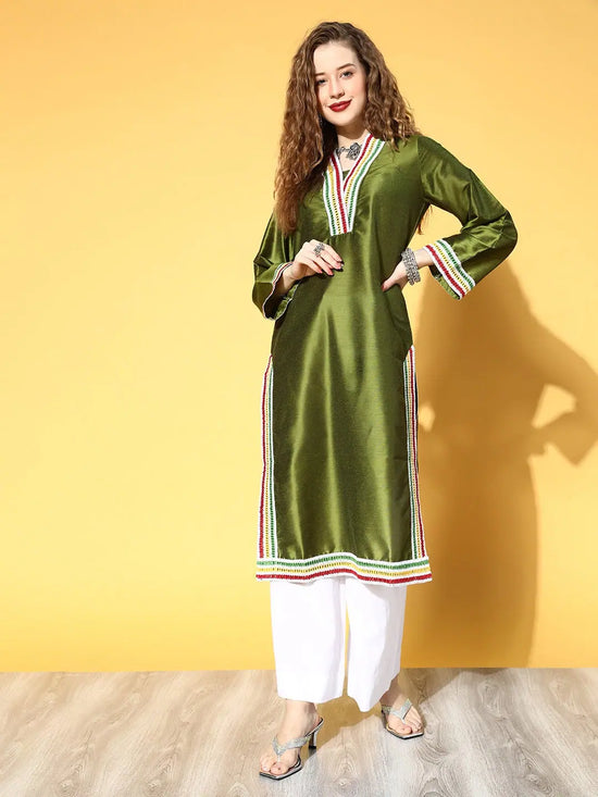 Women Olive Contrast Lace Detail Kurta