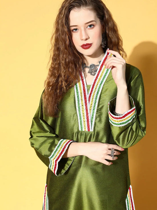 Women Olive Contrast Lace Detail Kurta