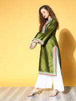 Women Olive Contrast Lace Detail Kurta