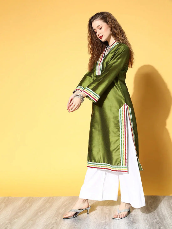 Women Olive Contrast Lace Detail Kurta