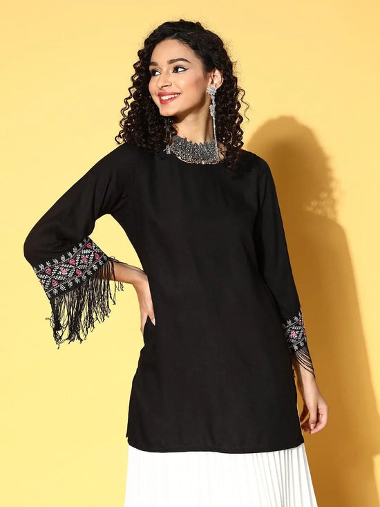 Women Black Embroidered Fringe Lace Short Kurta