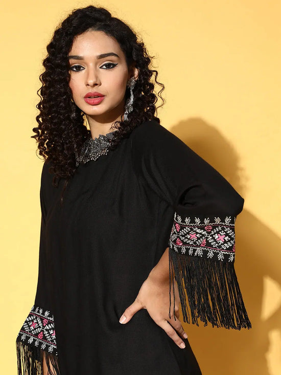 Women Black Embroidered Fringe Lace Short Kurta