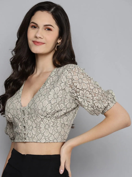 Women Beige Lace Puff Sleeve Crop Top