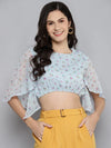 Women Blue Dobby Floral Butterfly Sleeve Crop Top