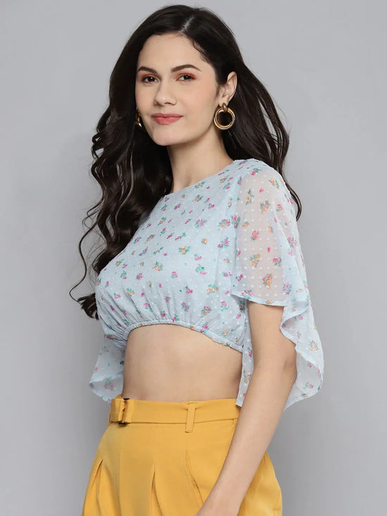 Women Blue Dobby Floral Butterfly Sleeve Crop Top