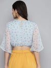 Women Blue Dobby Floral Butterfly Sleeve Crop Top