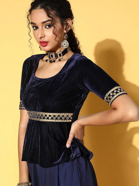 Women Navy Embroidered Peplum Anarkali Maxi Dress