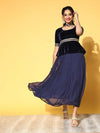 Women Navy Embroidered Peplum Anarkali Maxi Dress