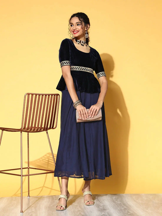 Women Navy Embroidered Peplum Anarkali Maxi Dress