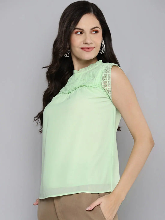 Women Sea Green Pintuck Sleeveless Top