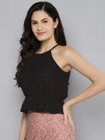 Women Black Lace Halter Neck Crop Top