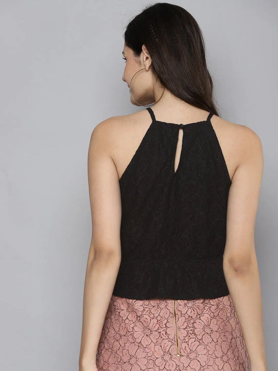 Women Black Lace Halter Neck Crop Top