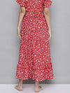 Women Red Ditsy Floral Flared Tiered Maxi Skirt