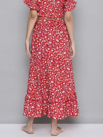 Women Red Ditsy Floral Flared Tiered Maxi Skirt