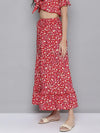 Women Red Ditsy Floral Flared Tiered Maxi Skirt