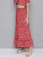 Women Red Ditsy Floral Flared Tiered Maxi Skirt