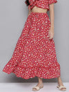 Women Red Ditsy Floral Flared Tiered Maxi Skirt