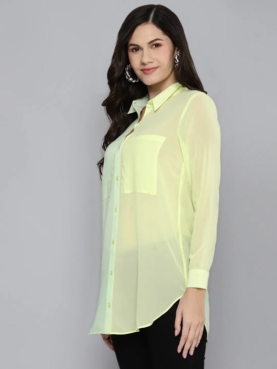 Women Sea Green Colour Block Longline Shirt