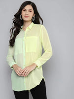 Women Sea Green Colour Block Longline Shirt