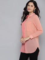 Women Powder Pink Colour Block Longline Shirt