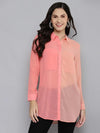 Women Powder Pink Colour Block Longline Shirt