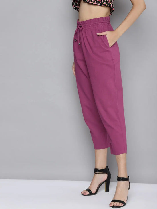 Women Fuchsia Smocked Waistband Straight Pants