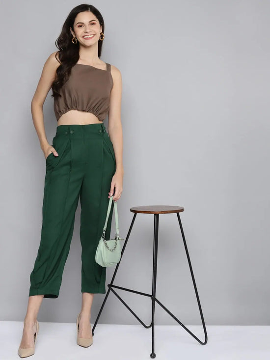 Women Emerald Green Front Pleat Pants