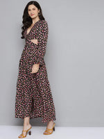 Women Black Ditsy Floral Waist Cut-Out Maxi Dress