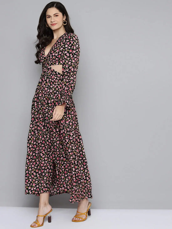 Women Black Ditsy Floral Waist Cut-Out Maxi Dress