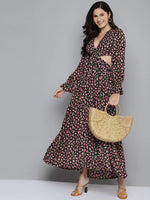 Women Black Ditsy Floral Waist Cut-Out Maxi Dress