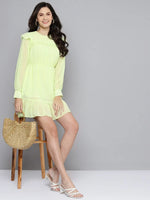 Women Lime Green Frill Hem Short Dress