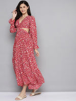 Women Red Ditsy Floral Waist Cut-Out Maxi Dress