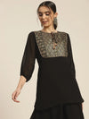 Women Black Round Yoke Foil Print Top