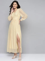 Women Beige V-Neck Maxi Dress