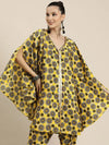 Women Yellow Geometric Print Lace Detail Kaftan Top