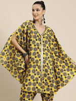 Women Yellow Geometric Print Lace Detail Kaftan Top