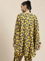 Women Yellow Geometric Print Lace Detail Kaftan Top