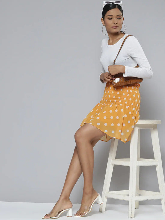 Women Mustard Polka Dot Smocked Waist Mini Skirt