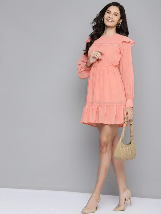 Women Power Pink Frill Hem Short Dress