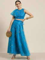 Women Teal Tulle Sequins Anarkali Skirt