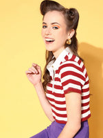 Women Red & White Wide Striped Crop Polo T-Shirt