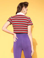 Women Red Multi Striped Crop Polo T-Shirt