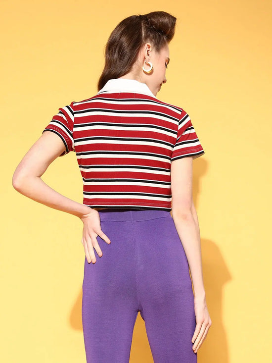 Women Red Multi Striped Crop Polo T-Shirt