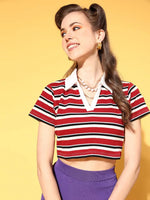 Women Red Multi Striped Crop Polo T-Shirt