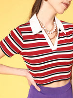 Women Red Multi Striped Crop Polo T-Shirt