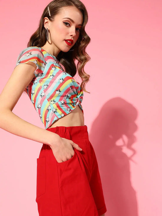 Women Multicolour Star Print Twisted Crop Top